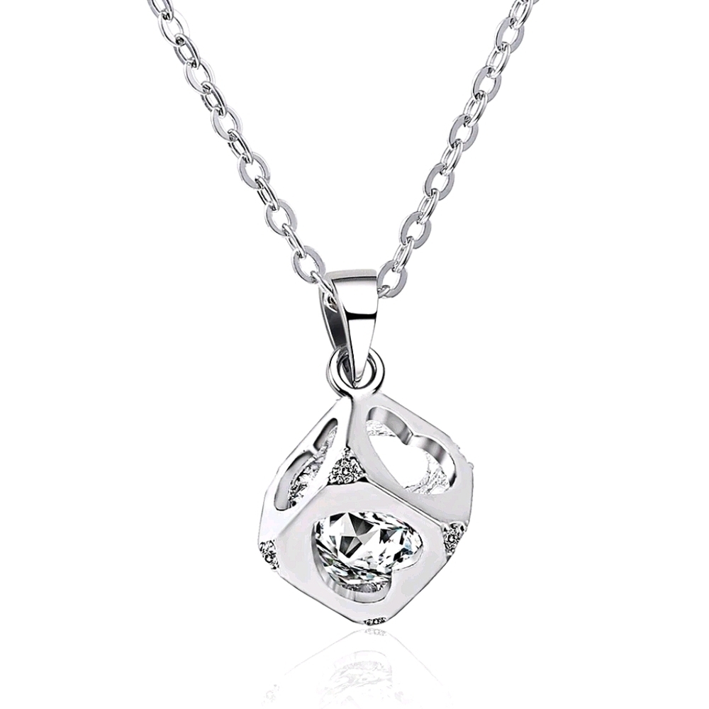 Swarovski Crystal Pavé 3D Cube Heart Geometric Pendant Necklace Silver